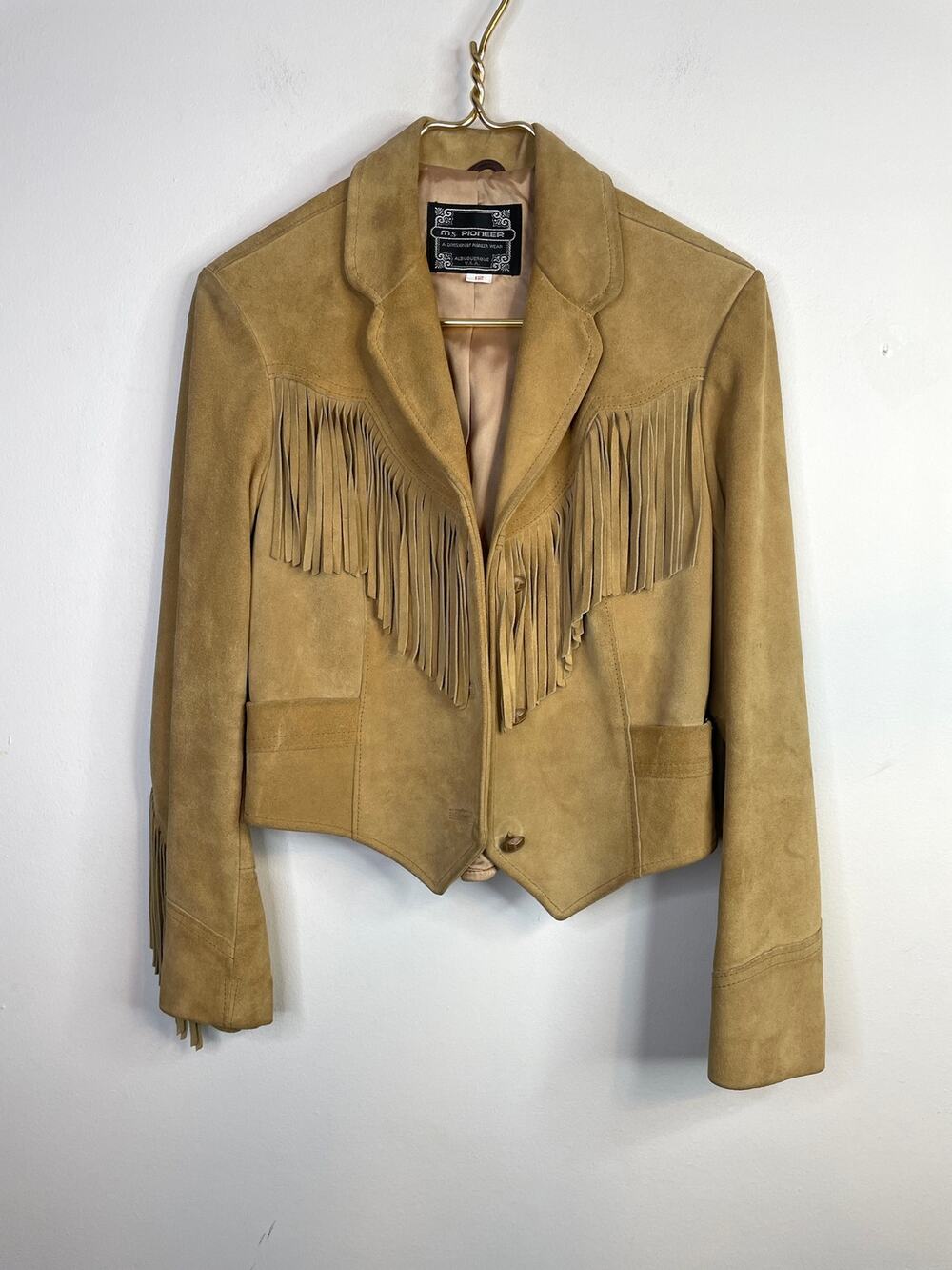 Vintage Ms Pioneer Wear Tan Suede Leather Fringed Short Jacket Cowgirl Western